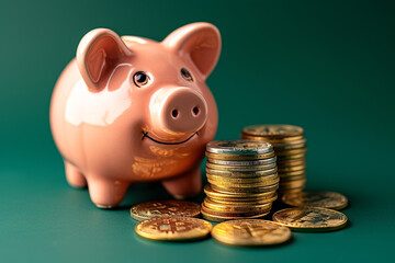 Shiny piggy bank with coin piles on dark turquoise background