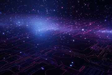 Explore a breathtaking scene of a computer-generated star field, showcasing the mesmerizing expanse of the cosmic universe, Subtle galaxy backdrop with glowing tech circuit patterns, AI Generated