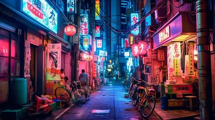 Fototapeta na wymiar Busy alleyway of Tokyo, neon lights. Generative AI