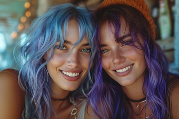 Fototapeta premium Two women with vibrant hair colors of blue and purple radiate joy as they smile, showcasing their layered and feathered hair, while donning fashionable accessories and lip gloss, exuding a carefree a