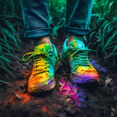Sneakers in paint on green grass background. Generative AI
