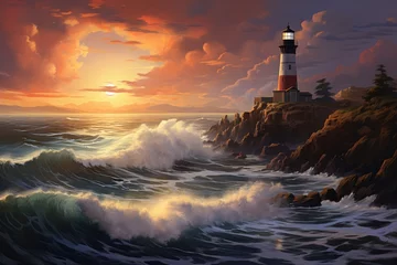 Foto op Canvas An intricately painted image showcasing a solitary lighthouse surrounded by the endless ocean waves, Sunset view of a lighthouse on a rocky cliff, with crashing waves below, AI Generated © Iftikhar alam