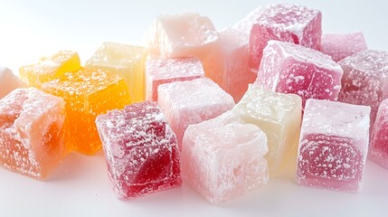 Colorful Turkish delight on a white background. Selective focus. Toned. - obrazy, fototapety, plakaty