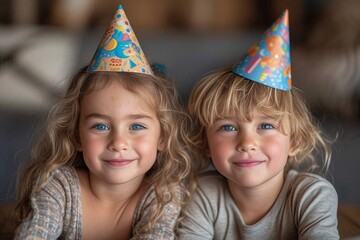 Two young girls beam with joy as they don their festive party hats, their faces adorned with the playful headgear and contagious smiles