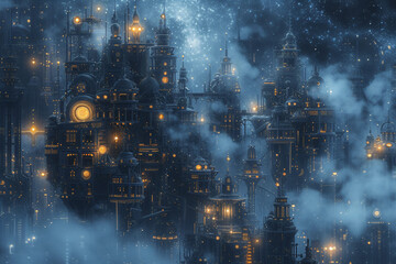 Enchanted cityscape with glowing lights and mystical fog