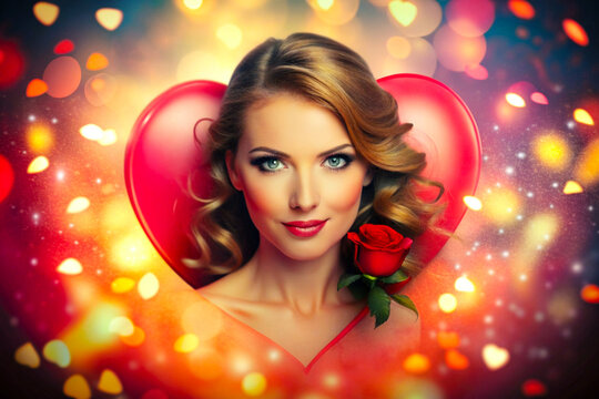 Beautiful girl poses with red roses flower and love heart shape with colorful lighting effect background.