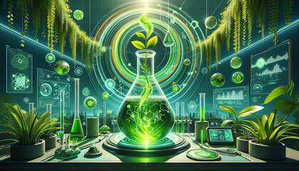 Vibrant green chemistry lab with futuristic equipment and living walls