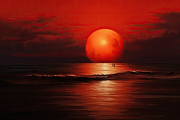 an orange sun is setting behind a beach