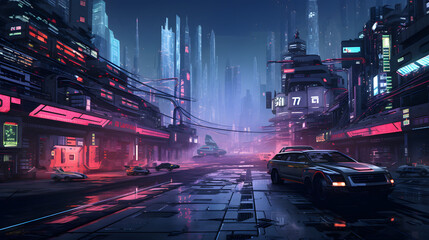 Illustrated cyberpunk city, futuristic city, video game city
