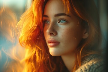 A captivating woman with fiery red hair and delicate freckles gazes off into the distance, her long layered locks framing her face in a mesmerizing portrait of beauty and individuality