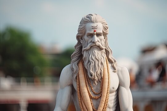 Vyasa statue with ancient indian decoration. Alias Vedavyasa or Krishna Dvaipayana. Author of the epic Mahābhārata.