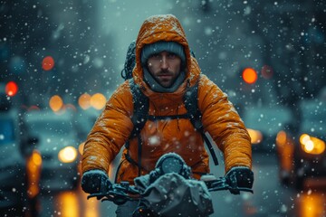Braving the winter night, a lone figure dons a helmet and jacket as he pedals through the snow-covered streets, his determined face illuminated by the outdoor lights