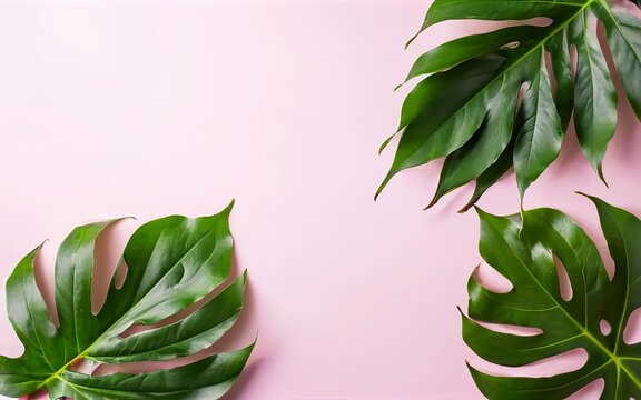 Creative layout made of tropical leaves on pastel pink and blue background