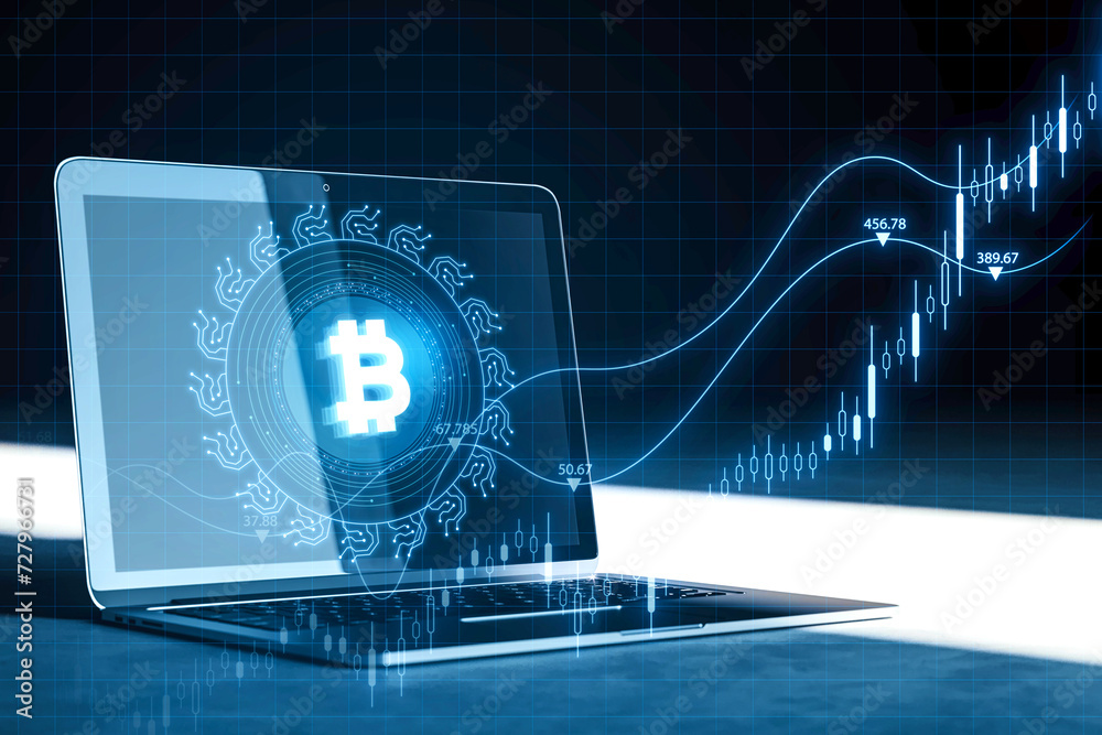 Poster Close up of laptop computer with creative glowing bitcoin on dark blue background with candlestick. Cryptocurrency, digital money and economic network concept. 3D Rendering.