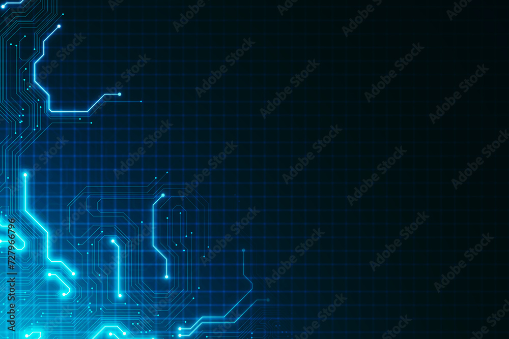 Poster Creative digital blue circuit grid backdrop with mock up place. Landing page concept. Technology, innovation and ai concept. 3D Rendering.