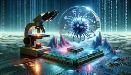 Surreal Malware Analysis: Luminescent microscope examines glowing virus in digital circuitry.