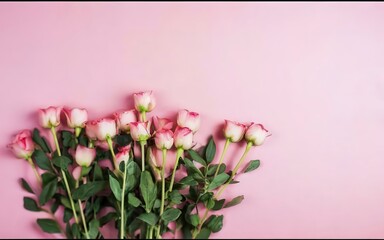 Pink flowers on a pink background with copy space. Flat lay