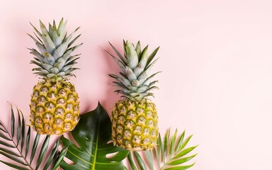 Summer composition. Tropical palm leaves, pineapple, coconut on pastel pink background