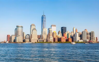 Fototapeta premium View from the water, from Hudson bay to Lower Manhattan. New York City Financial capital of America