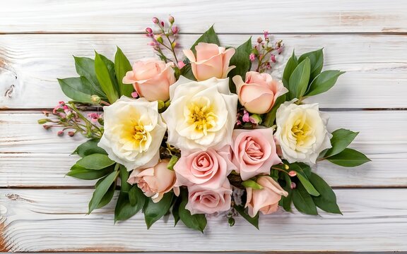 Top view of wedding flowers on white wood background