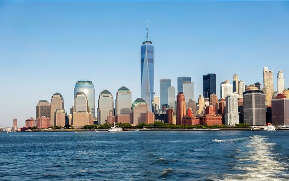 View from the water, from Hudson bay to Lower Manhattan. New York City Financial capital of America