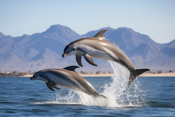 Two dolphins in the Pacific Ocean. California Sea.