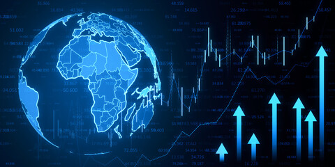 Abstract growing business chart, globe and arrows on wide blue background. Financial growth and market concept. 3D Rendering.
