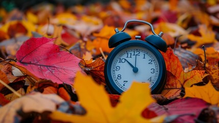 Alarm clock nestled among vibrant autumn leaves marking the change of season