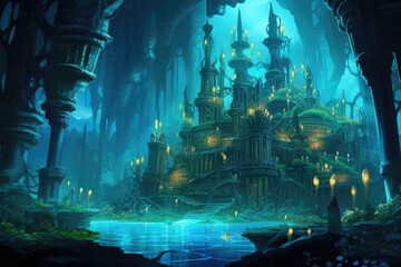 A magnificent fantasy castle stands tall amidst a breathtaking forest landscape, The lost city of Atlantis, glowing with luminescent sea creatures, AI Generated