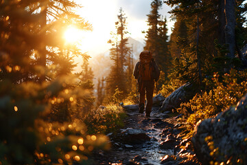 Hiker walks through sun-kissed forest