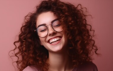 a young girl of 25 years old in pink glasses, with collected curly hair, with bright lipstick on...