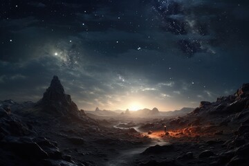 A breathtaking space scene featuring mountains and stars that illuminate the vast night sky, The...