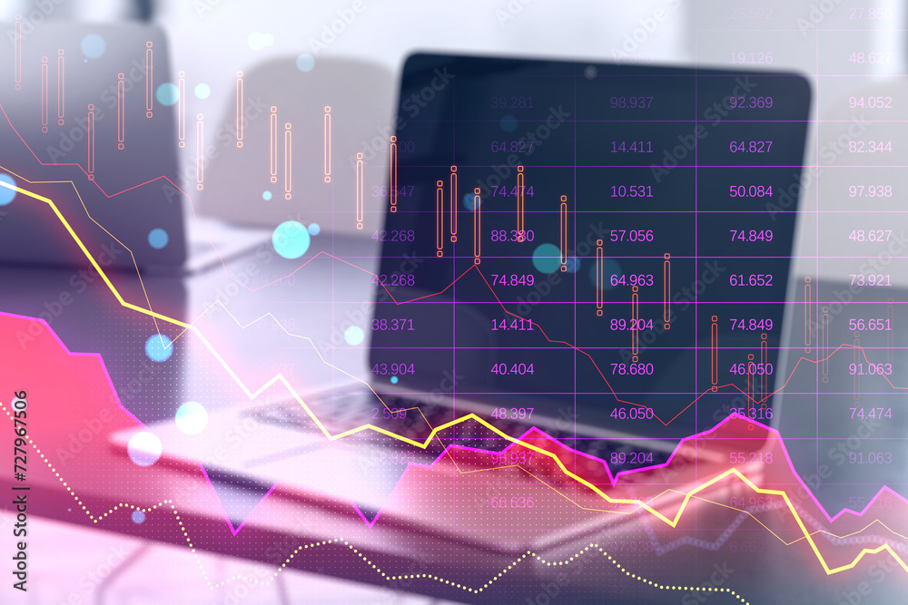 Poster close up of laptop on desk with pink crisis business and forex chart on blurry background with bokeh