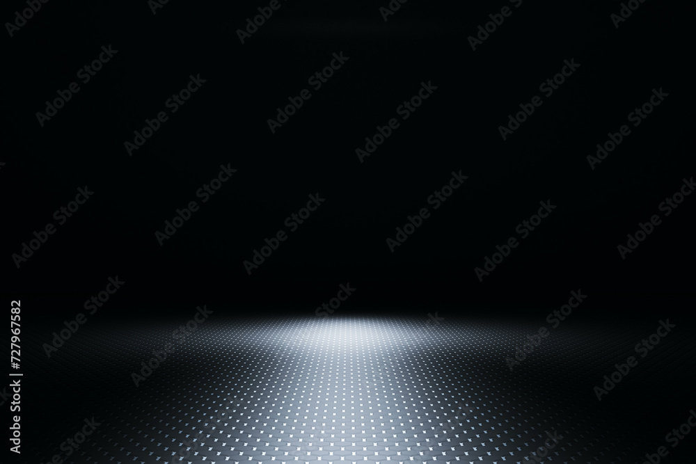 Poster Spotlight on dark metallic checkerboard floor, creating a dramatic presentation space. 3D Rendering