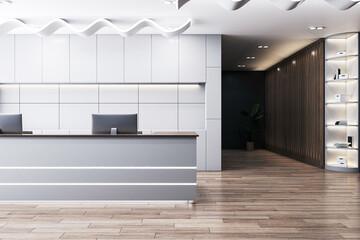 Sophisticated office reception with sculptural ceiling lights and wooden accents. 3D Rendering