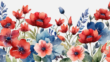 Red and blue flowers illustration leaves clip art watercolor flowers.
