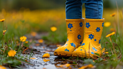 Playful Protection: Yellow Kid's Gumboots with Flowers for Fun in Wet Weather. Generative AI