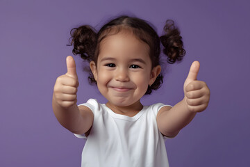 Joyful Gesture: Cute Toddler Expresses Positivity with Thumbs Up on Purple Background