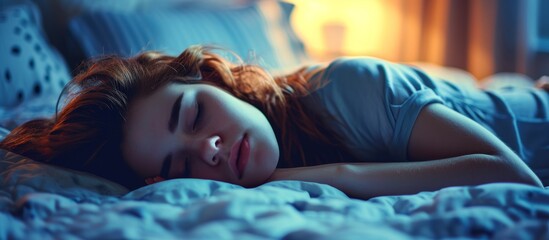 Beautiful young woman peacefully sleeping on a cozy bed at night