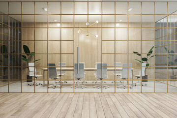 Modern glass partition, concrete and wooden meeting room interior . 3D Rendering.