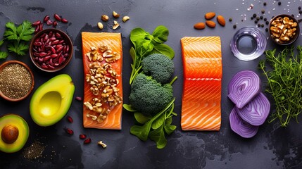 Healthy food clean eating selection: salmon, avocado, spinach, cashew nuts, arugula, chickpeas, almond, pesto
