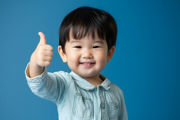 Joyful Gesture: Cute Asian Toddler Expresses Positivity with Thumbs Up on Blue Background