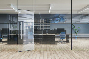 Modern glass office interior with concrete flooring and furniture. Lobby and waiting area concept. 3D Rendering.