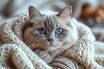 A cozy malayan cat curls up in a blanket, its whiskers and fur blending into the soft fabric as it gazes contentedly with its serene, feline eyes