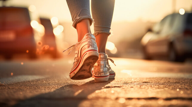 the legs of a sporty girl in sneakers