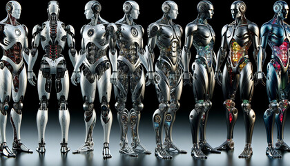 Futuristic exoskeletons with organic design and metallic hues.