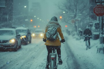 Amidst the wintry streets, a determined cyclist braves the freezing precipitation on their trusty bicycle, the spinning wheels leaving a trail of determination in their wake
