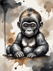 monkey, chimpanzee, animal art, color splash, artistic illustration in warm colors