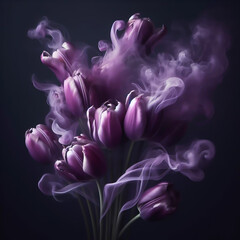 Purple tulips bouquet with dramatic side light. Flowers and plants in spring. AI generated