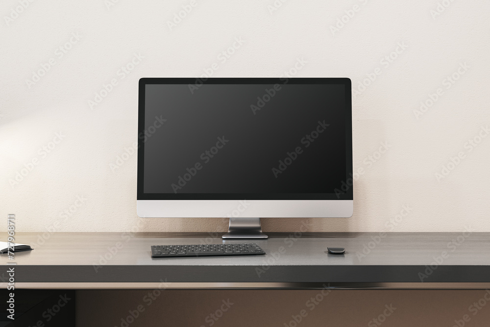 Poster close up of contemporary designer office interior with empty computer monitor and other items. mock 